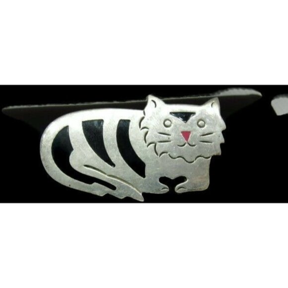 Brooch Fat Cat Inlaid w Black Onyx Hallmarked TM-96 Sterling Silver 925 Vintage - Picture 2 of 7